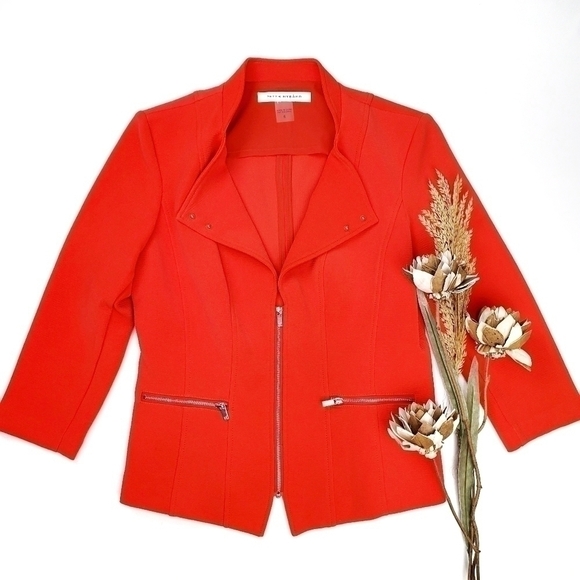 Peter Nygard Fire Red Orange Silver Zipper Coat 6 - Picture 1 of 13
